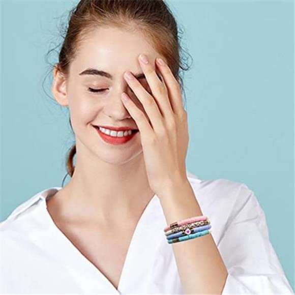 Surfer Heishi Clay Bead Bracelets for Women Bohemian Stackable Evil Eye Vinyl - Picture 5 of 8